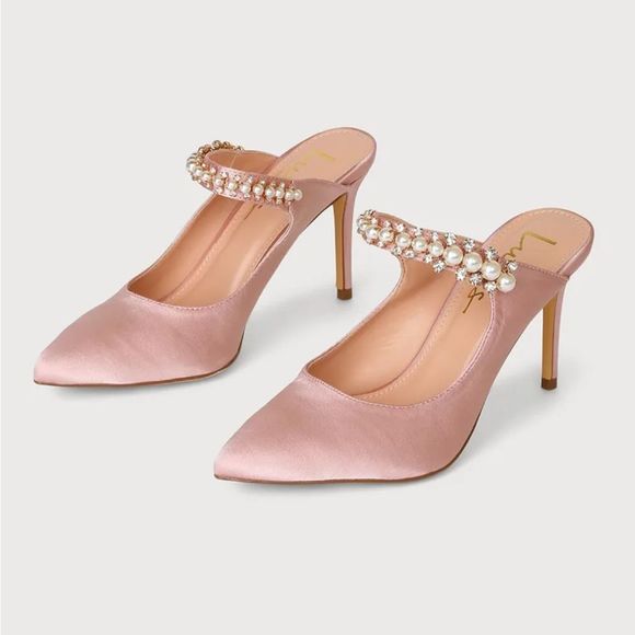 Lulus Sephoraa Rose Gold Satin Pearl Pointed-Toe Mule Pumps - Picture 2 of 8
